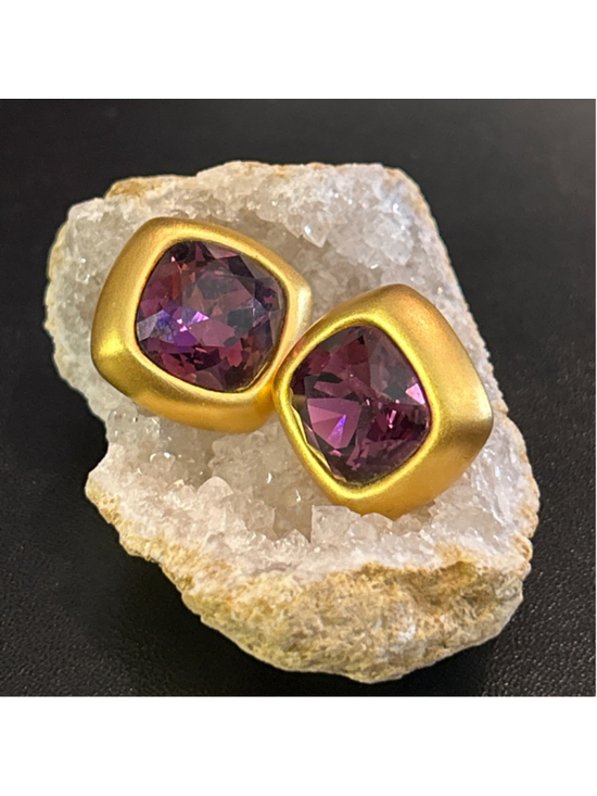 Napier Jewelry - Women's Napier Gold Tone Purple Crystal Square Stud Earrings pierced